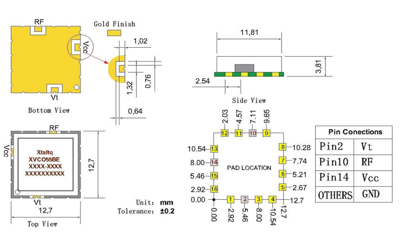 Outline Dimension & Pin Connections of Excellent Phase Noise Performance, Wide Temperature Range, High reliability Communication Applications VCO